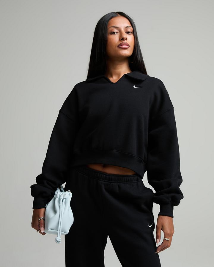 Nike Women's Studio Fleece Oversized Crop Polo - Black