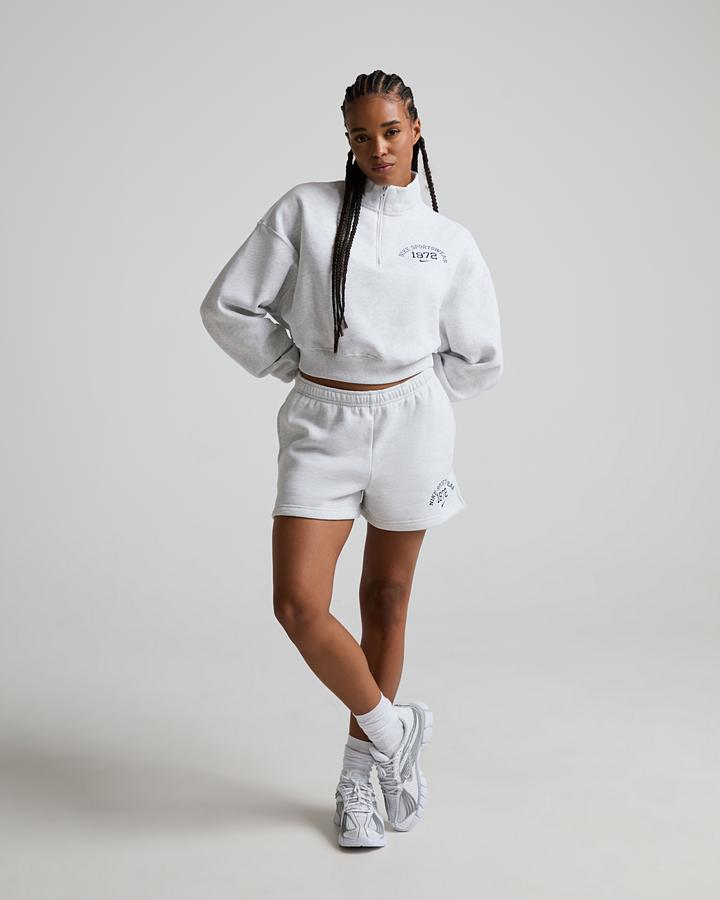 Nike Women's Studio Fleece Classic Cropped Quarter Zip Sweatshirt - Birch Heather/Midnight Navy