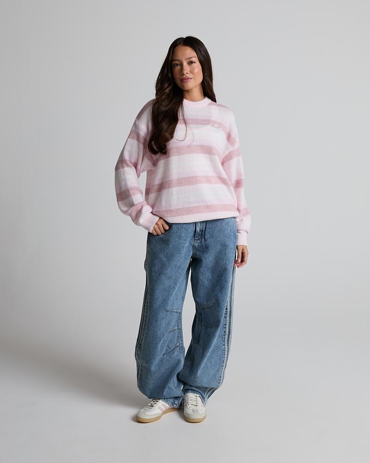 adidas Women's Knit Essential Striped Crewneck Sweatshirt - Distilled Pink