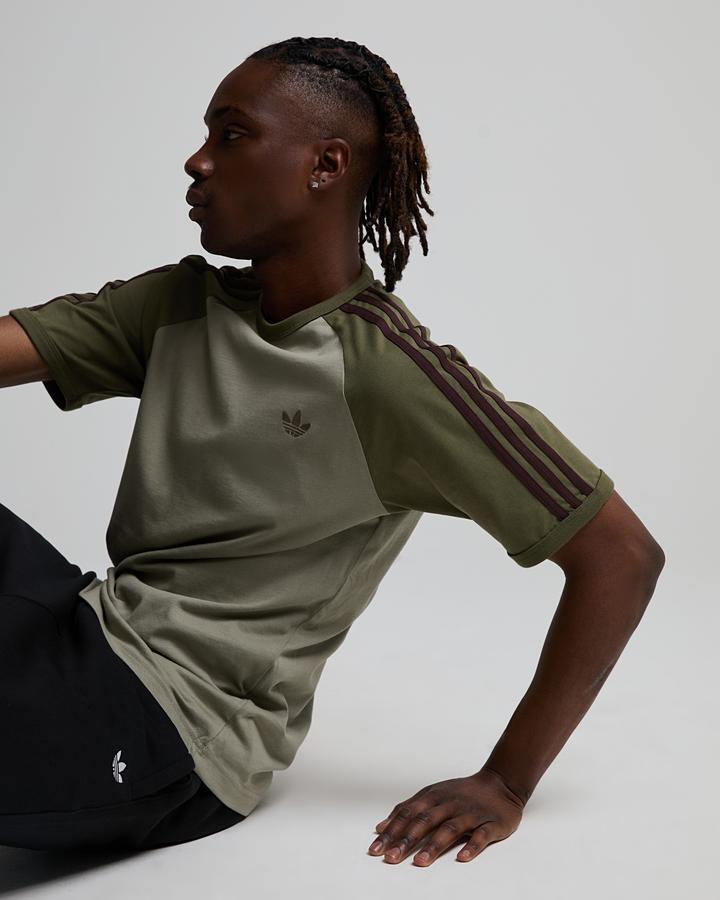 adidas Men's 3-Stripes Cali T-Shirt - Silver Pebble/Olive Strata