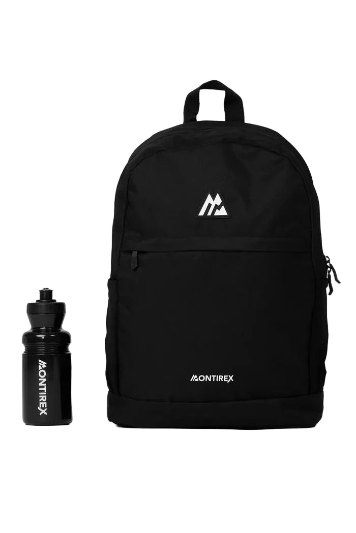 A black Montirex backpack with a white logo on the front, displayed next to a matching black water bottle on a light gray background.