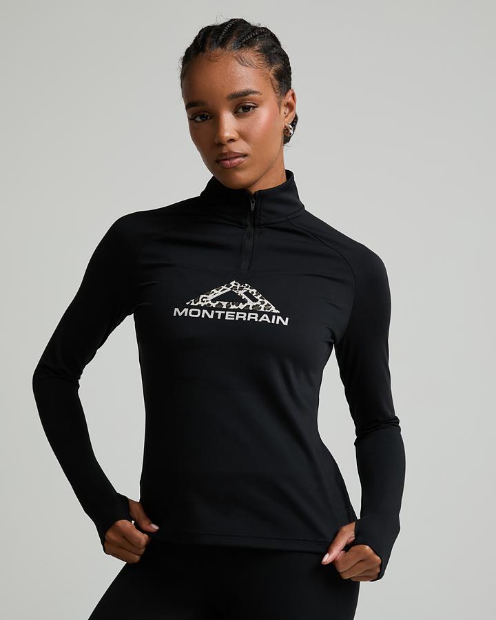 Monterrain Women's Balance Leopard Quarter Zip Long Sleeve Top - Black/Celestial Route
