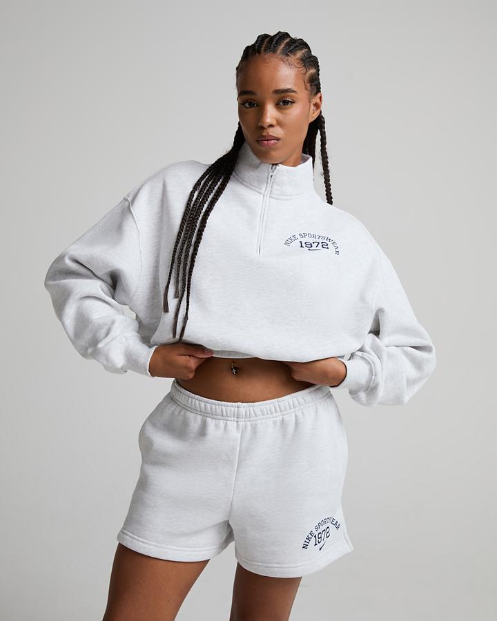 Nike Women's Studio Fleece Classic Cropped Quarter Zip Sweatshirt - Birch Heather/Midnight Navy