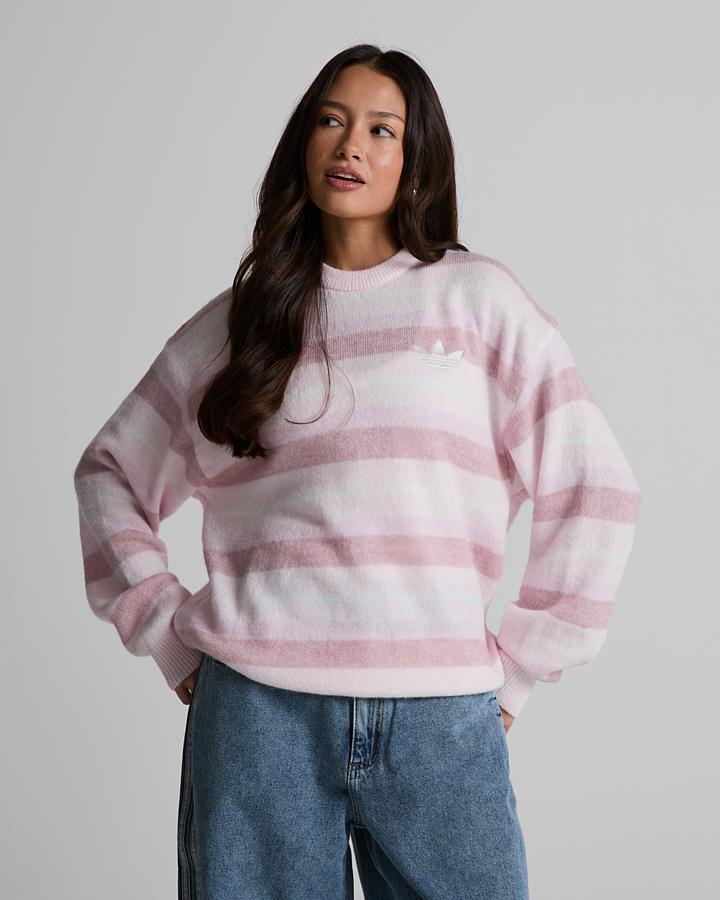 adidas Women's Knit Essential Striped Crewneck Sweatshirt - Distilled Pink