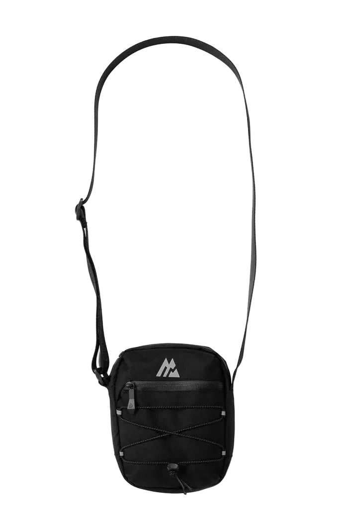 Black crossbody bag with a visible brand logo on a light gray background