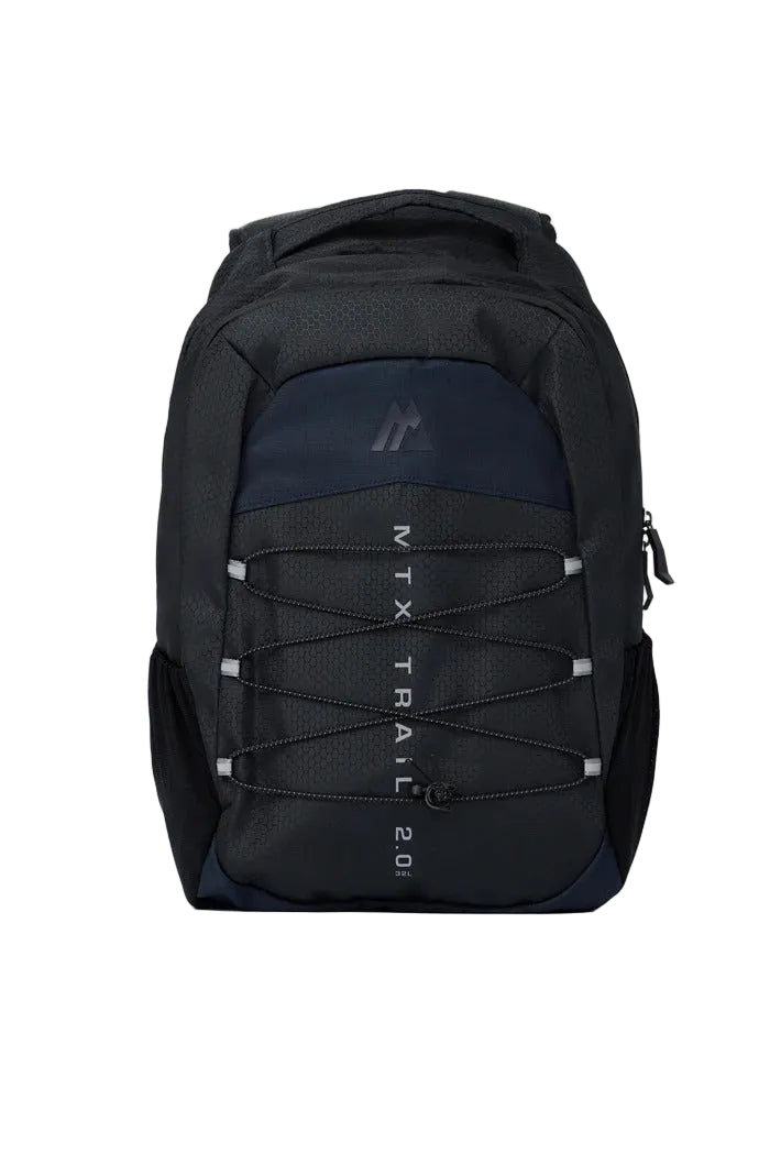 A black and navy blue backpack with front bungee cord details and vertical 'MTX TRAIL 20L' text, shown against a light gray background.